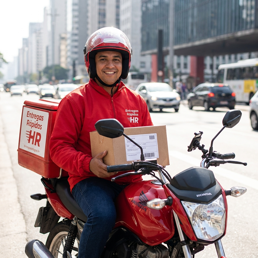Professional courier on a red motorcycle delivering a package